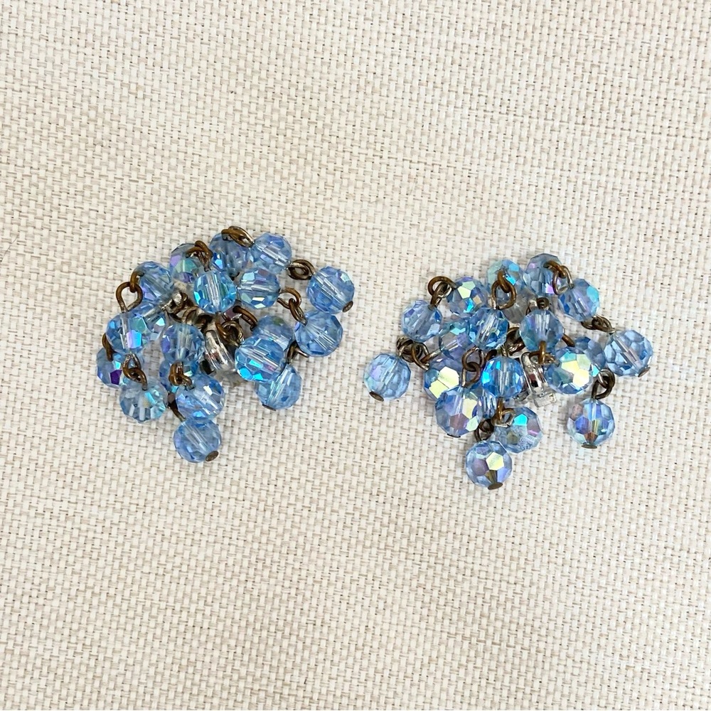 Vintage Aurora Borealis Clip Back Blue Earrings Plastic Bead Dangle Holiday